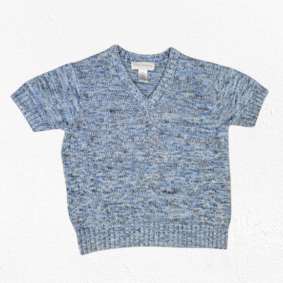 Y2K Vintage Evan-Picone Blue Marled Knit V-Neck Short Sleeve Sweater Size Medium - Picture 1 of 5